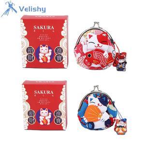 1pcs 작은 일본식 행운의 고양이 클러치 백 꽃 인쇄 PU 카드 홀더 Maneki Neko 동전 지갑 인형 지갑