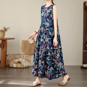 2491700 - 면 패턴 민소매 롱원피스 루즈핏 빅사이즈 여름원피스 린넨원피스 면원피스 40대 50대 100사이즈