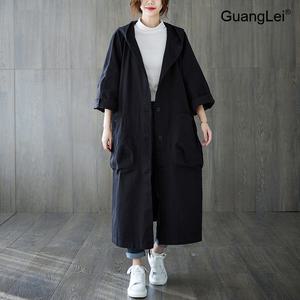 봄 가을 여성 트렌치코트 GuangLei 후드 롱핏 대포켓 캐주얼 아우터