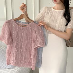 (소장가치템/여름하객룩) 헤린 물결 레이스 쉬폰 반팔 블라우스 bs7970