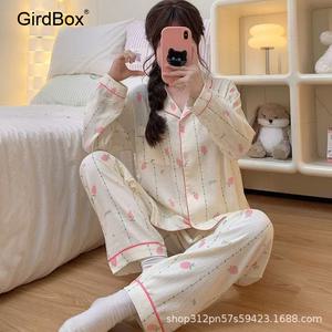 여성 잠옷 세트 GirdBox 면 긴팔 짱구 캐릭터 홈웨어 파자마 수면