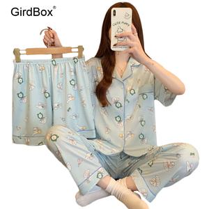 산리오 잠옷 GirdBox 여성 반팔 파자마 세트 면 홈웨어 시나모롤 캐릭터