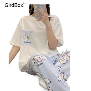 여성잠옷 GirdBox 여름 순면 반팔 긴바지 파자마 세트 수면 홈웨어