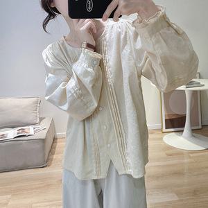 여성 숏 봄가을 빈티지 긴팔 셔링 여자 시크 오르간 프렌치 모시 탑 얇은