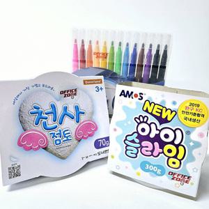찰떡3형제 키즈 실속 토핑세트 아이슬라임 300g + 천사점토 70g + 칼라펜 12색 촉감놀이 클레이 만들기
