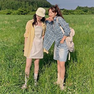 핫핑 바닐라체크 오버핏 카라넥 파스텔 긴팔셔츠