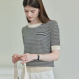 [하프클럽/리안뉴욕]배색 스트라이프 라운드 니트 RSGQPO970