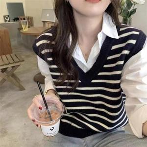 여성 V넥 줄무늬 박시 클래식 캐쥬얼 베스트