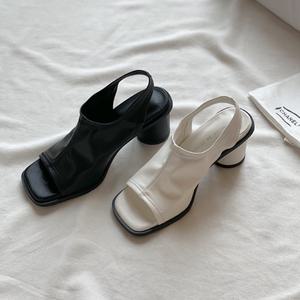 스판 토오픈 샌들힐 7cm 원통굽 스퀘어 미들힐샌들