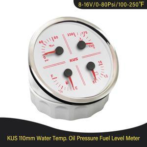 KUS 110mm 다기능 게이지 타코미터 연료 레벨 12V 전압계 오일 압력 수온계 (적색/황색 백라이트 포함)