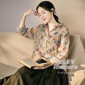 여성 가을 프린트 얇은 빈티지 셔츠 여자 통기 봄 카복 루즈핏 모시 긴팔