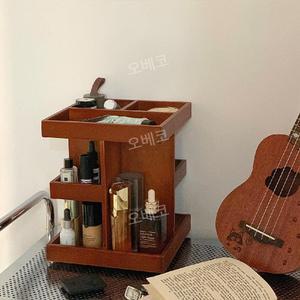 원목화장품정리대 회전수납함 보관함 빈티지 우드