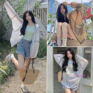 캐주얼 여성 시스루 후드 여자 빅사이즈 점퍼 오버핏 집업 나그랑 간절기 루즈핏 바람막이ssu033