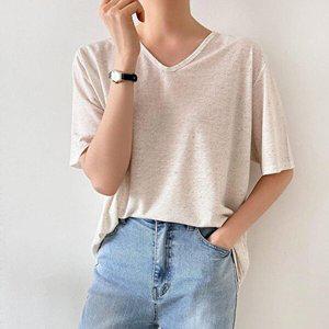 [옷자락]여자 얇은반팔 쭉티 루즈핏 브이넥 여름 힙커버 티셔츠