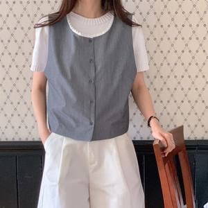 여자 믹스 버튼 미니멀리즘 큰사이즈 레이스 라운드 조끼