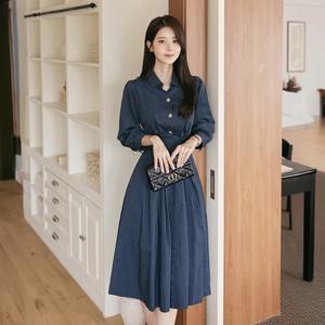 ( XXL까지) 카이라 스트라이프 골드 버튼 뒷밴딩 셔츠 원피스 봄 가을 데일리룩 출근룩 데이트룩