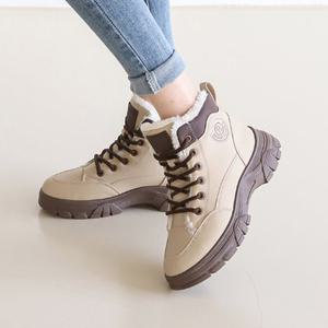 배색 포인트 퍼안감 통굽 여성키높이 겨울 털신발 워커 4.5cm 카키