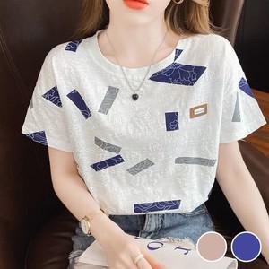여자 여유핏 기하학 입체패턴 반소매 U넥 티셔츠