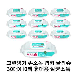 그린핑거 손소독 물티슈 30매x10팩 휴대용 캡형 살균소독