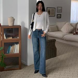 여자 검정진 본딩기모 FW 나팔 세미슬림 청바지
