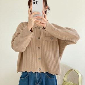 [옷자락] 여자 잔꽈배기 물결 카라넥 세미크롭 비스코스 가디건