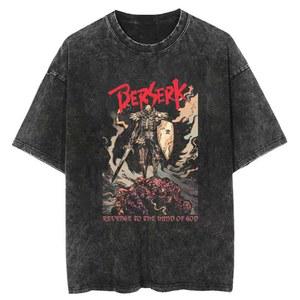 베르세르크 프린트 티셔츠 남성 여성 워시 빈티지 애니메이션 오버 사이즈 streetwear 하라주쿠 여름 반팔 코튼 탑스