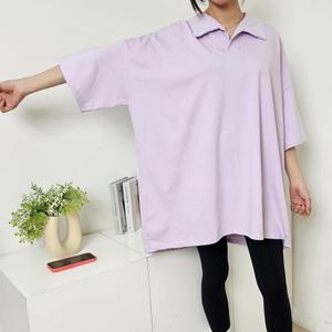 여자 빅사이즈 박스 카라 반팔 롱 티셔츠 DMES-TSH-STS14351083