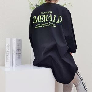 여자 오버핏 레터링 심플 반팔 롱 티셔츠 DMES-TSH-STS14351079