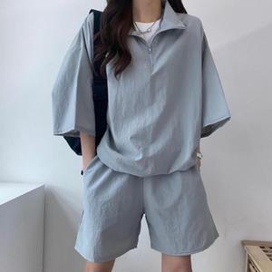 여자 아노락 오버핏 트레이닝 반팔 반바지 세트