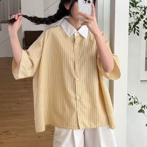 여자 빅사이즈 배색카라 스트라이프 노랑색 반팔 셔츠