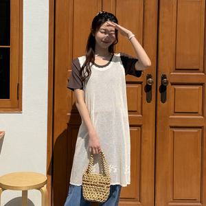 [데일리앤] 마렌 여성 펀칭 롱 그물 니트 뷔스티에 레이어드 나시 원피스