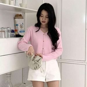 [옷자락] 여자 세미크롭 쫀쫀 브이넥 골지 니트 가디건