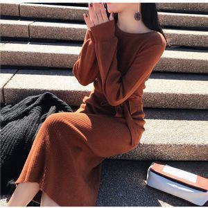 F52034 2컬러 벨트소매끝 볼륨 슬림 롱니트원피스 빅사이즈 가을