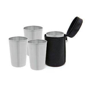 휴대용 스텐 캠핑컵 4p세트(170ml)가죽파우치물 주스 쥬스 음료잔 보관파 가방 케이스 용품 취사 등산커피