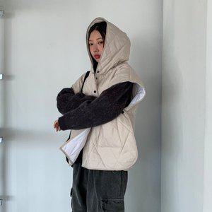 [옷자락]여자 겨울 스트릿 오버핏 누빔 후드 망토 패딩 베스트