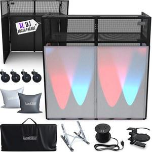 ILOGICASE XL 50x25인치 휴대용 DJ 부스 외관 테이블, 흰색 스크림 포함 | 컨트롤러 및 오디오 믹서 스탠드, 휠, 멀티플러그, 노트북 스탠드, 케이블 정리함, 헤드폰 홀더 및 휴대용 가방 포함