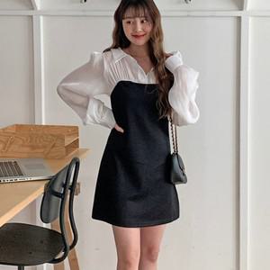 [다잇템] 여자 블라우스 잔주름 코디 검정 쁘띠 원피스