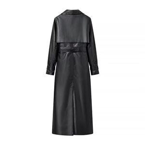 여성 사랑스러운 가죽 코트 라이더 가을 옷 벨트 롱 블랙 폴리에스터 OOTD3