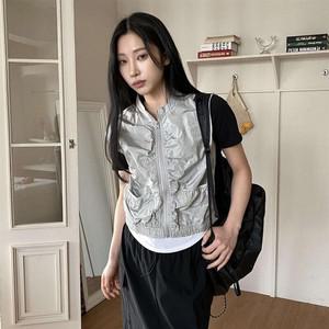 여성 나일론 카라없는 주머니 바스락 베스트