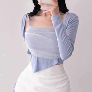 [신세계라이브쇼핑][옷자락] 여자 셔링 망사 언발 끈나시 긴팔 가디건 세트