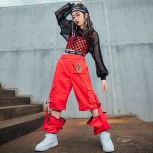 어린이 힙합 스트리트 댄스 코스튬, 레드 격자 조끼, 느슨한 카고 바지, 그물 상의, 재즈 쇼 무대 복장