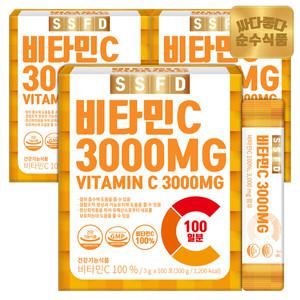 [결제단10%]순수식품 비타민C 100% 3000mg 3박스(300포) 실속형 / 비타민씨 건강기능식품 분말 스틱 파우더