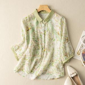 레니본블라우스 여름 예술 스타일 34 소매 턴 다운 칼라 캐주얼 셔츠 빈티지 플로랄 프린트 코튼 린넨 블라