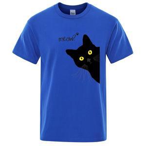싱글렛 와이드앵글반팔 Meow 검은 고양이 인쇄 남성 티셔츠, 통기성 티 의류, 여름 스트리트웨어 탑, 오버