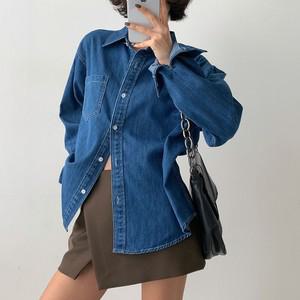여자 개강룩 봄 청남방 워싱 루즈핏 힙커버 긴팔 셔츠