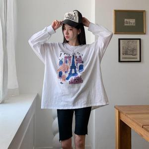 여자 박스핏 파리 U넥 얇은 캐쥬얼 긴팔티셔츠