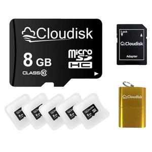 클라우드리스크 팩 5개, 마이크로 SD 카드 8GB 플래시 메모리 SDHC C10 A1 U1(SD 어댑터, 리더(8GB) 포함)