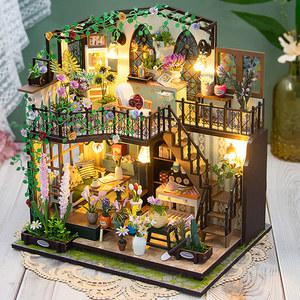 DIY 나무 인형 집 정원 모델 3D 퍼즐 조립 빌딩 키트 장난감 홈 침실 장식 LED 조명 선물