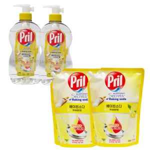 프릴 주방세제 베이킹소다 퓨어레몬향 700ml 용기 2개 + 1L 리필 2개
