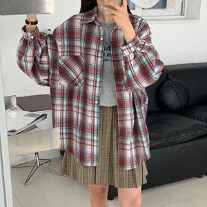 [옷자락]여자 빅사이즈 아방핏 포켓 배색 벌룬긴팔 체크셔츠